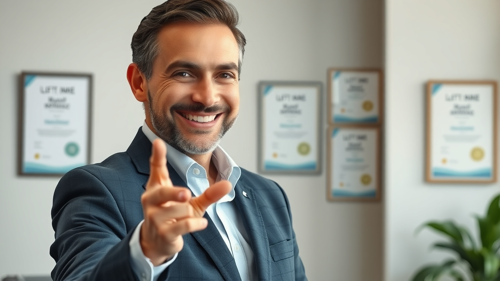 real estate agent credentials in modern office with certificates on wall