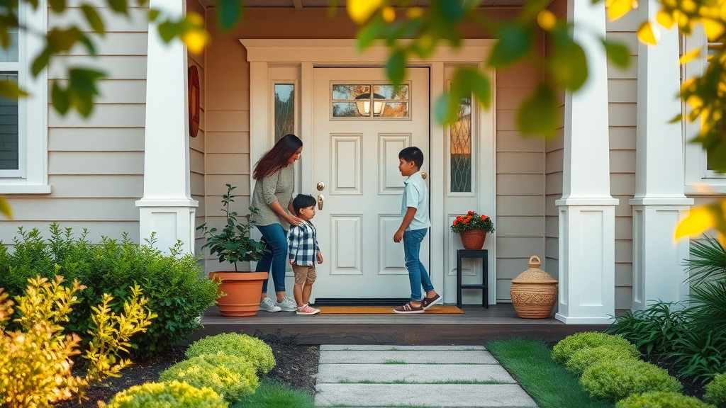 Charming home entrance with family adding colorful potted plant - curb appeal and front door