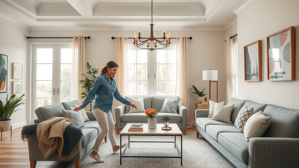 Tidy staged Orlando living room, stager prepares inherited house for sale with cheerful decorative touches