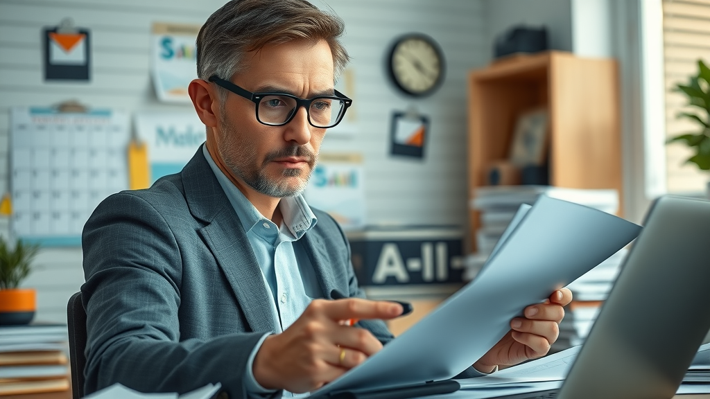 Focused real estate agent managing tasks at an organized workspace using digital tools and paperwork for time management in real estate schedule.