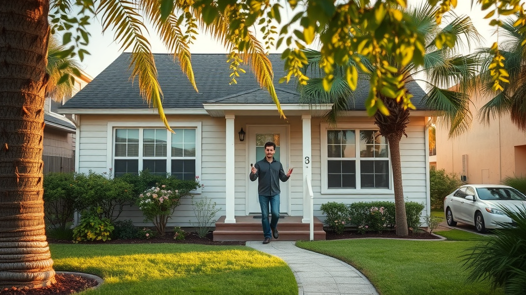 Older Orlando house showing needed repairs, friendly real estate investor inspecting curb appeal—As-Is Cash Sale