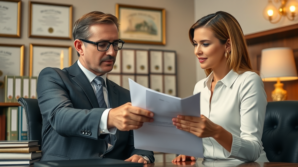 estate attorney: Professional reviewing inheritance documents with heir in Orlando, Florida, neutral office