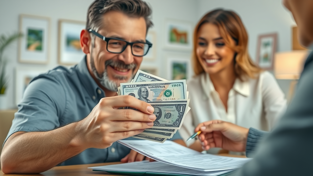 Homeowner receiving cash and signing paperwork with real estate professional in Orlando