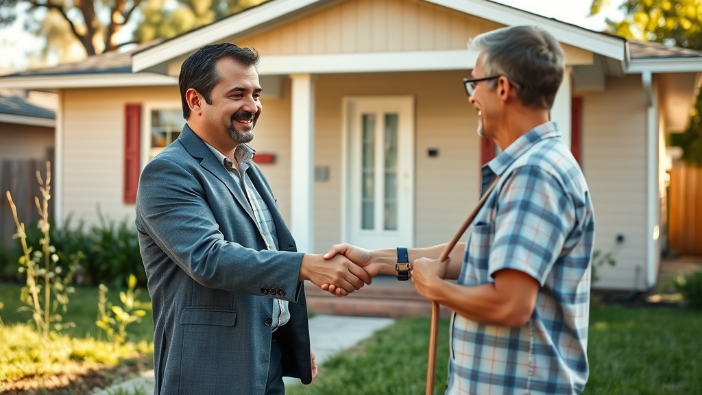 Professional real estate agent shaking hands with Orlando homeowner in front of a fixer-upper, slightly overgrown yard, visible signs of repair needs