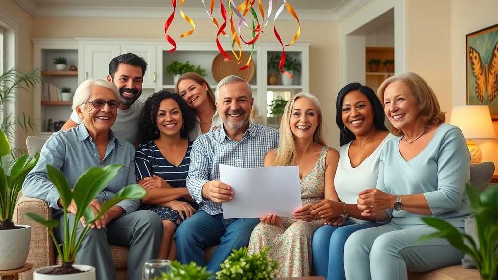 Group of diverse Orlando homeowners celebrating a successful home sale in living room with Florida decor
