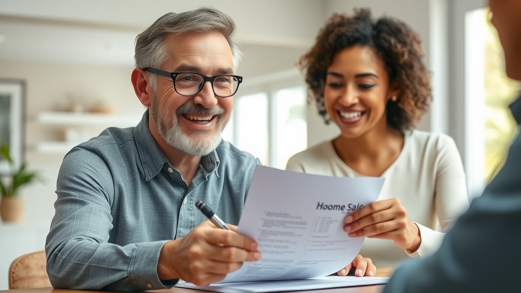 Relieved Orlando homeowner completing fast property sale paperwork with a local home buyer—satisfaction in a modern home setting, demonstrating quick, stress-free closings.
