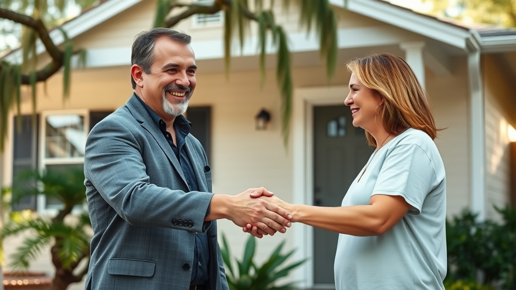 energetic Orlando real estate investor shakes hands with homeowner in front of fixer-upper, emphasizing home buyer process