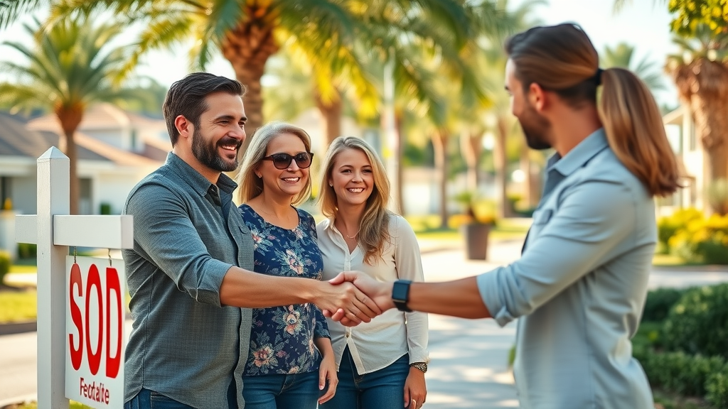 cash home buyers Orlando vibrant residential neighborhood, family and professional shaking hands near a sold sign