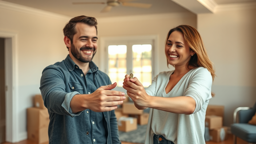 Relieved and happy couple celebrating with keys - expert home selling guidance