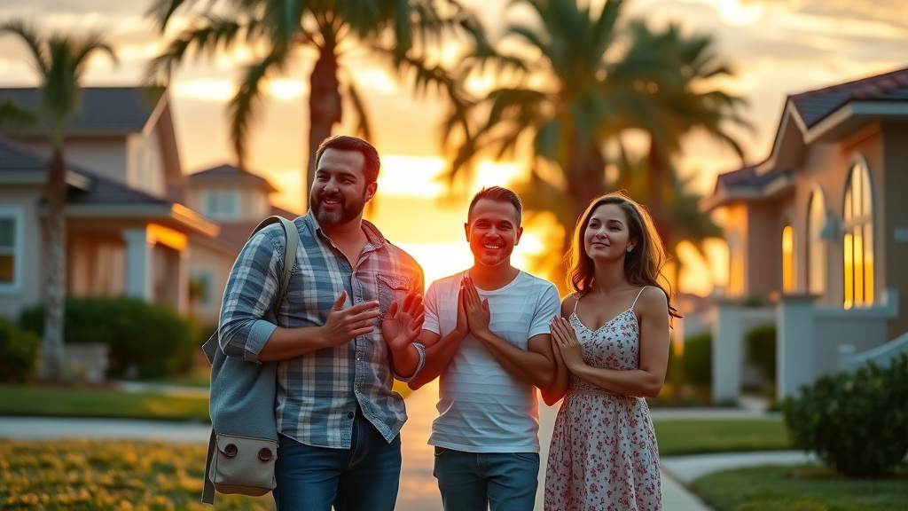 Orlando family standing in front of their recently sold home during sunset, as is home sale Orlando