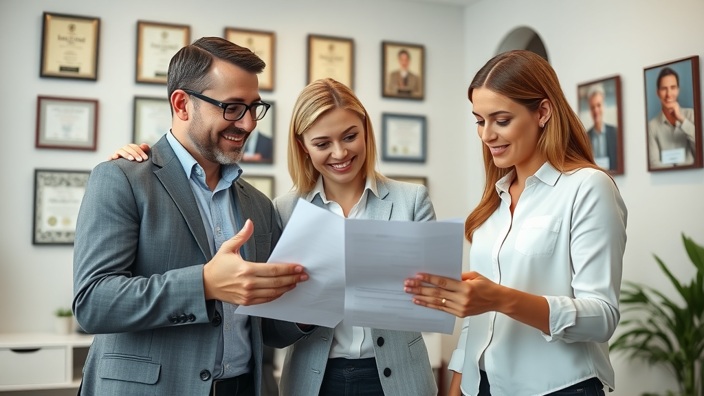 Professional Orlando real estate team meeting with a client, reviewing sale paperwork together in a bright office—Cash Home Buyer Florida