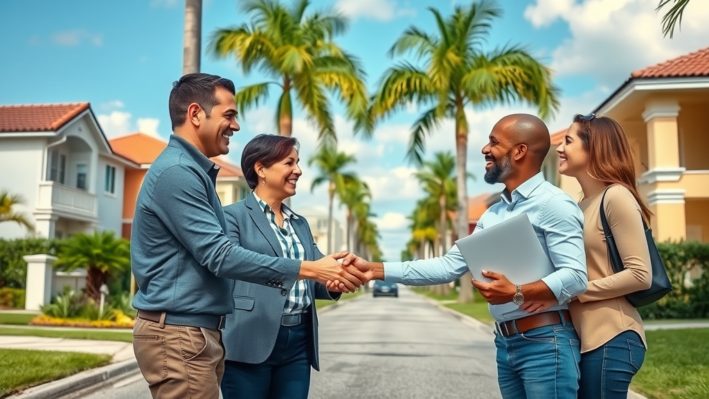Sell my house fast Orlando vibrant neighborhood street cash home buyers talking to sellers.