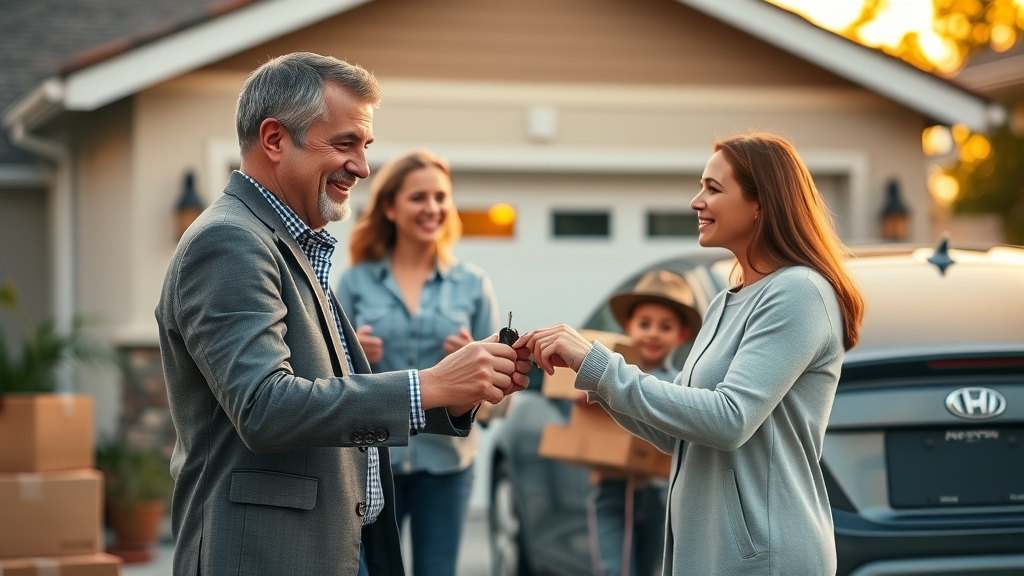 Orlando real estate advisor giving keys to a relocating family, showing the supportive and quick home sale process with home selling companies Orlando.