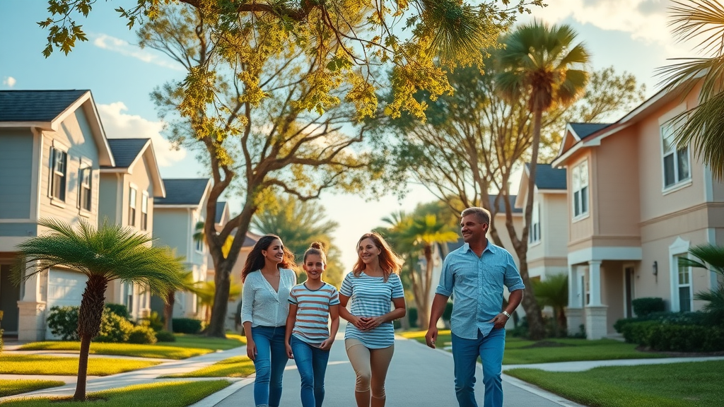 Vibrant Orlando suburban neighborhood with modern homes and cheerful families - orlando property buyers