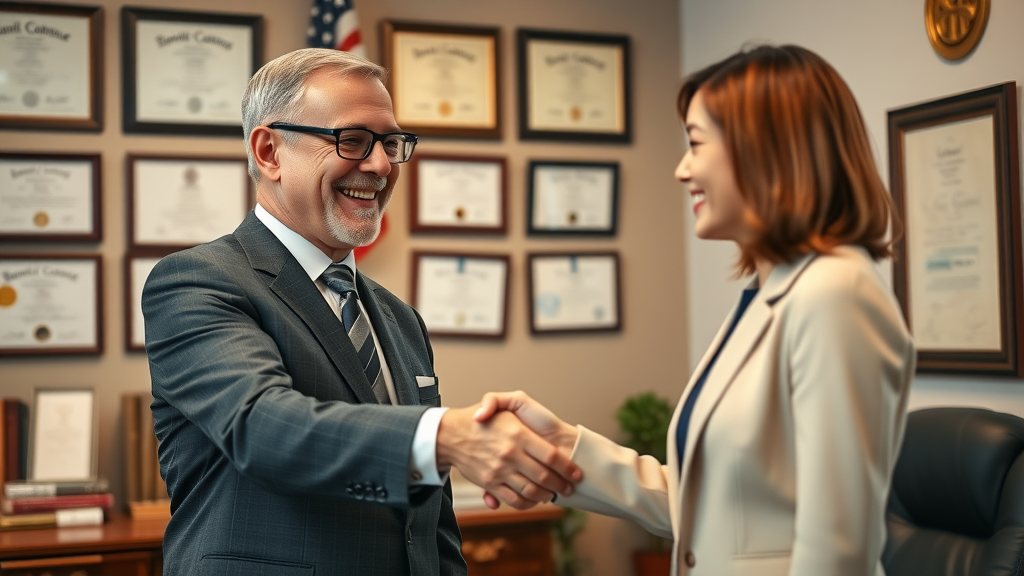 grateful personal injury client shaking hands with attorney after free consultation in law office