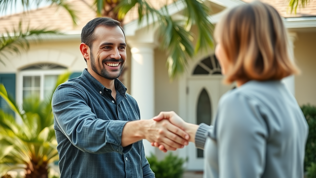 Friendly Orlando cash home buyer shaking hands with homeowner outside palm-lined home