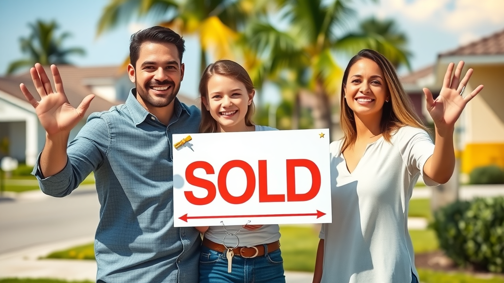 Happy Orlando family celebrating their successful fast property sale and holding keys—with sold sign outside their new home.