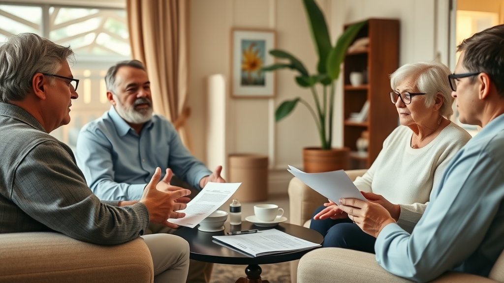 Group of heirs and mediator resolving inherited property market value Orlando disputes, paperwork, coffee in Orlando living room