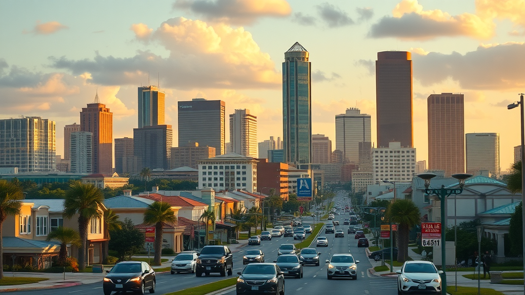 Vibrant Orlando city skyline with bustling real estate activity, symbolizing the active housing market and high demand for fast property sales in Orlando.