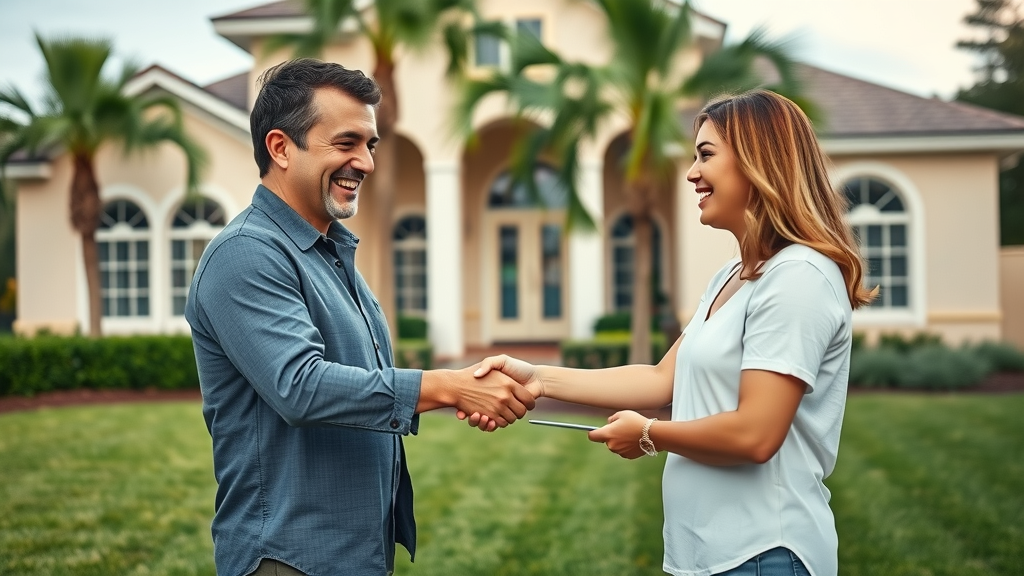 Cash home buyer and smiling homeowner shaking hands in front of a suburban Orlando home - cash offer process