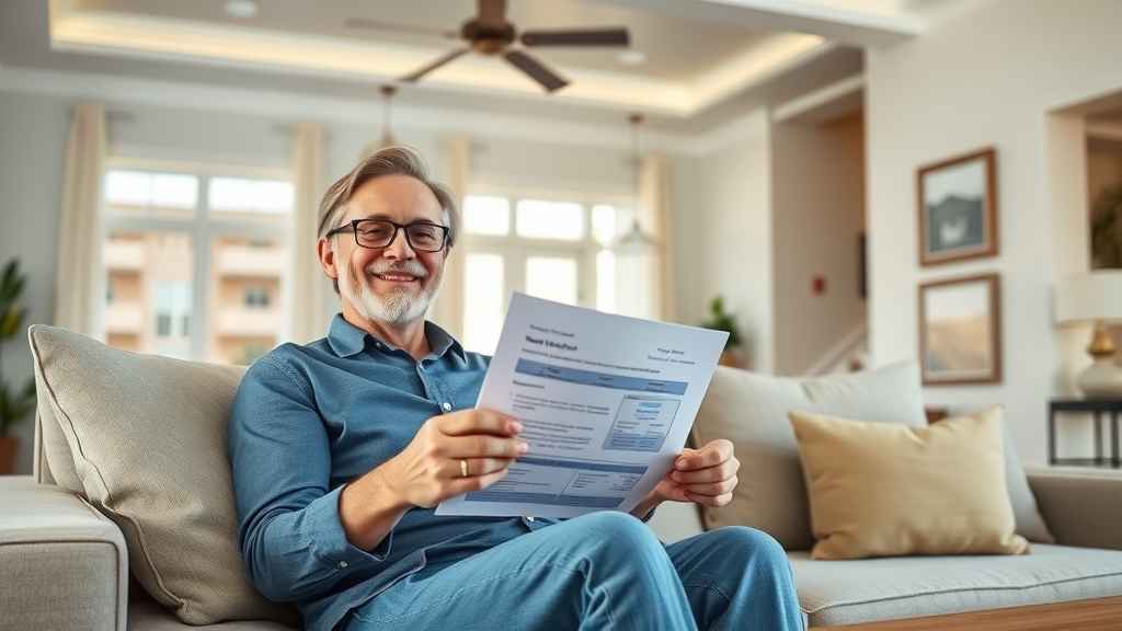 orlando cash offer: relaxed homeowner in modern home interior holding cash offer letter, uncluttered living room