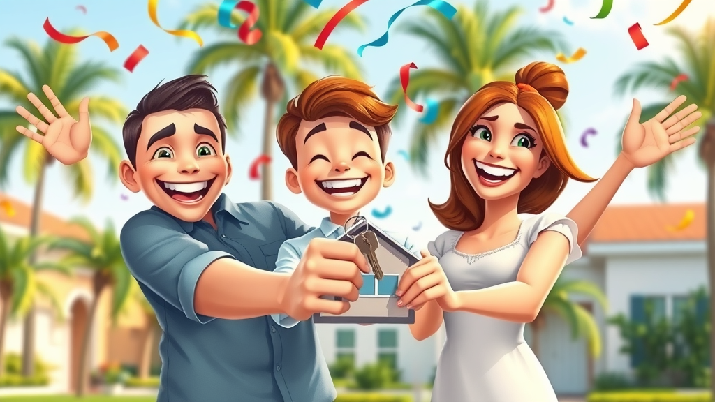 happy orlando family with house keys after fast in orlando home sale, celebrating and smiling with palm trees and confetti backdrop