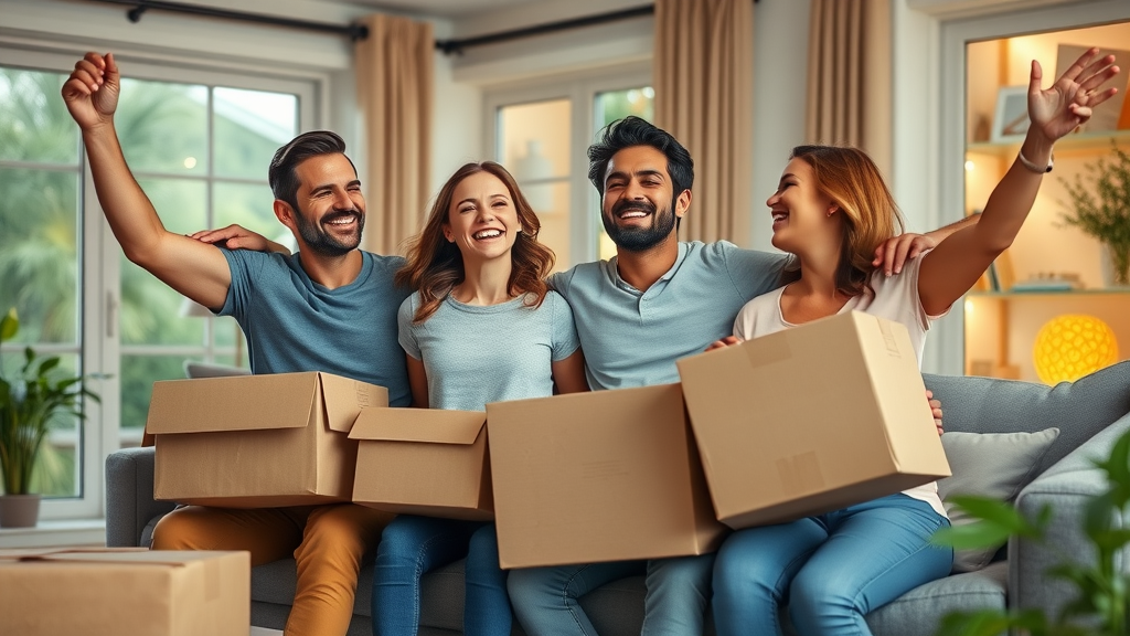 Happy family celebrating in newly sold Orlando home, surrounded by moving boxes and Florida greenery