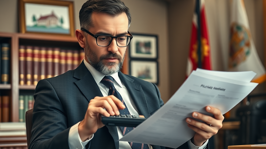 focused Orlando real estate attorney reviewing legal documents for landlord selling with tenants
