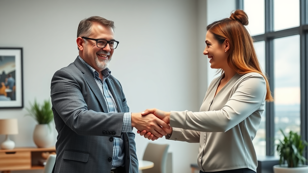 Orlando homeowner and local professional home buyer shaking hands in an office setting—symbolizing a trustworthy, fast property sale agreement.