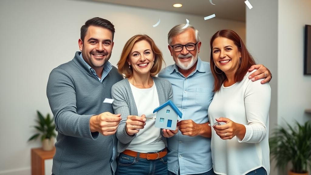 Happy homeowners and agent celebrating real estate closing with property selling support