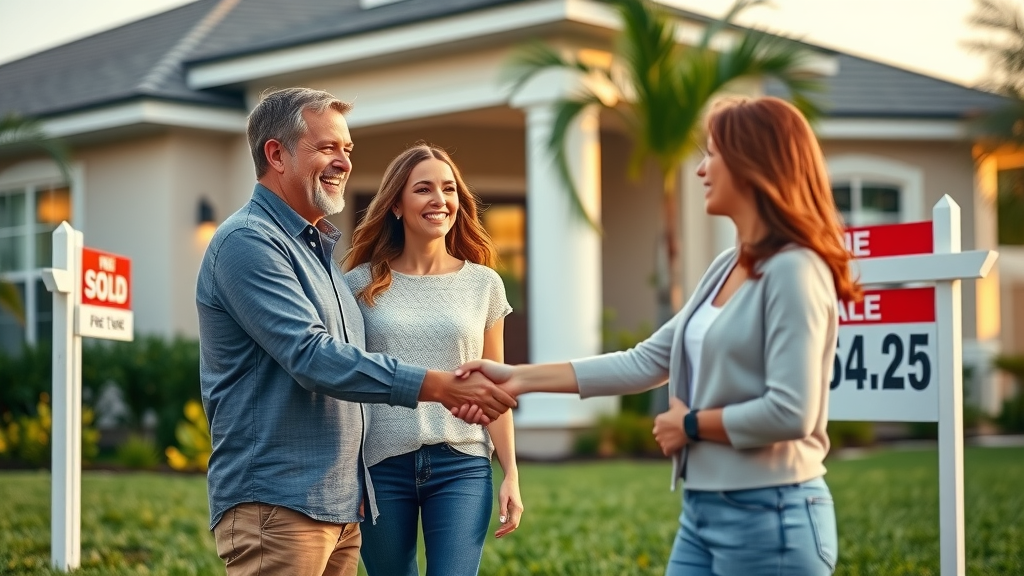 Relieved Orlando couple celebrating successful home sale to avoid foreclosure, save your home, Florida modern house, photorealistic