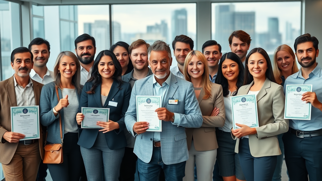 Diverse real estate agent credentials team holding certificates in city office