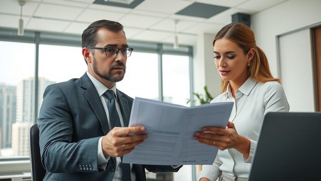 A professional Orlando foreclosure attorney attentively reviews documents with a homeowner client in a modern office. Main keyword: foreclosure defense attorney Orlando FL.