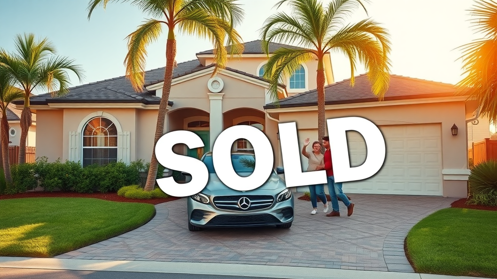 Orlando home exterior, sold, happy buyers and family waving in driveway