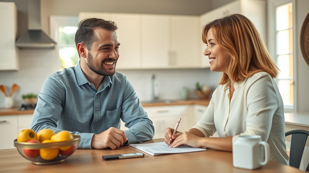 home evaluator and seller discussing house value in an Orlando kitchen