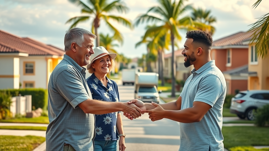 we buy houses Orlando vibrant neighborhood, single-family homes, handshake with real estate buyer, moving trucks, sunny palm-lined street