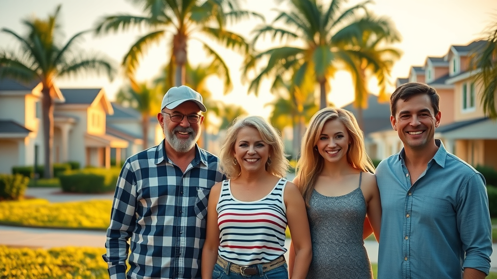 Sell House Fast Orlando vibrant suburban neighborhood, optimistic homeowners, well-kept homes, palm-lined street