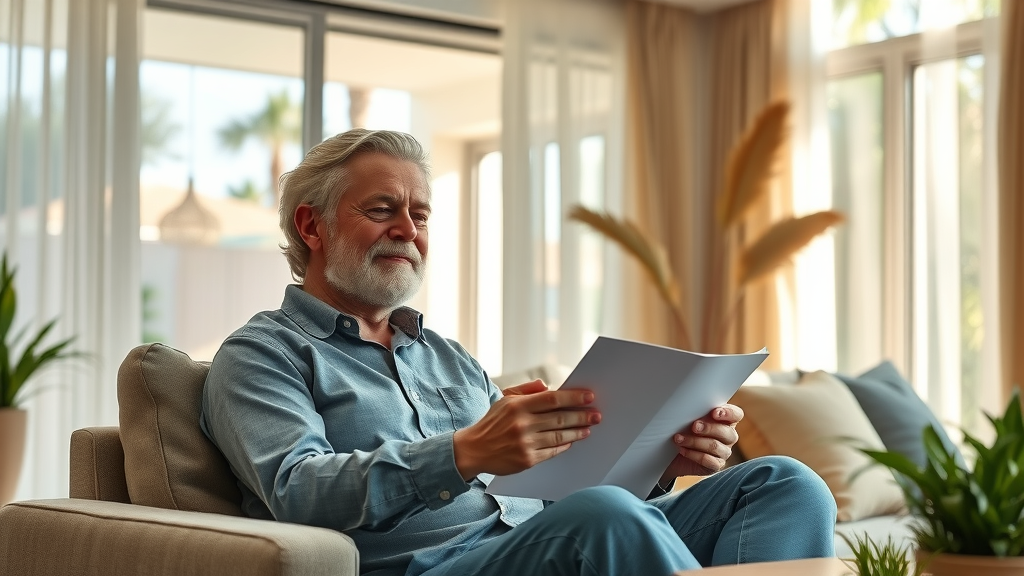 relaxed orlando homeowner enjoying financial freedom after fast in orlando house sale, sunlit living room, tranquil vibe