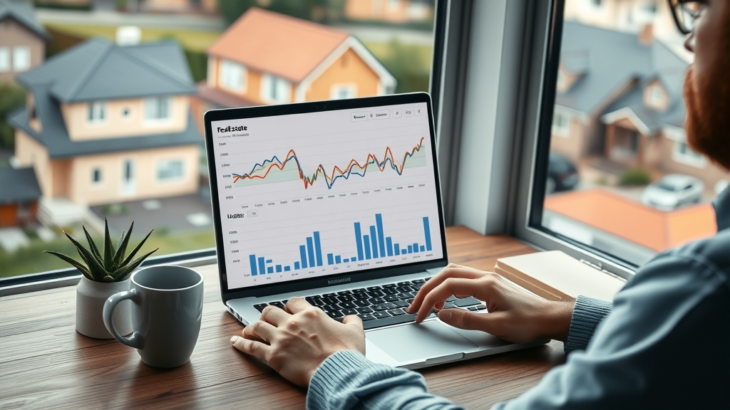 Modern workspace reviewing real estate market graphs for property selling support