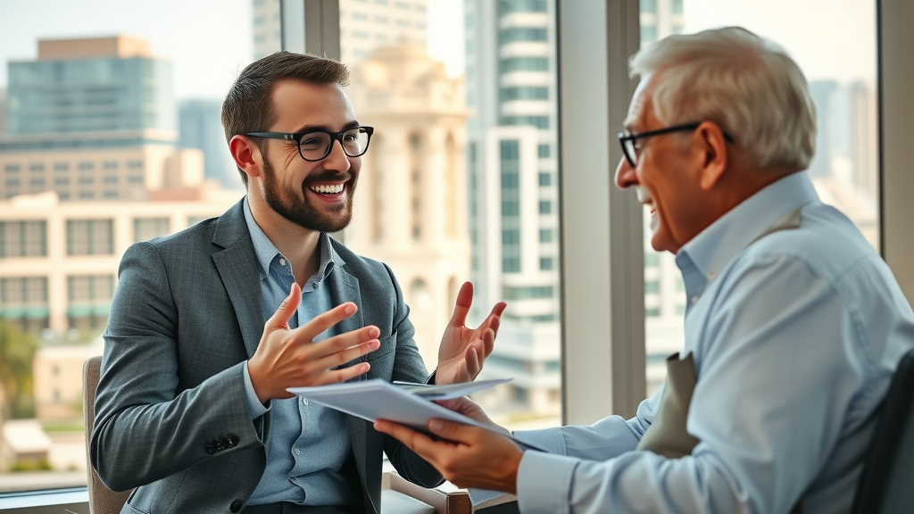 capital gains tax strategies: Cheerful advisor explaining capital gains tax savings in Orlando