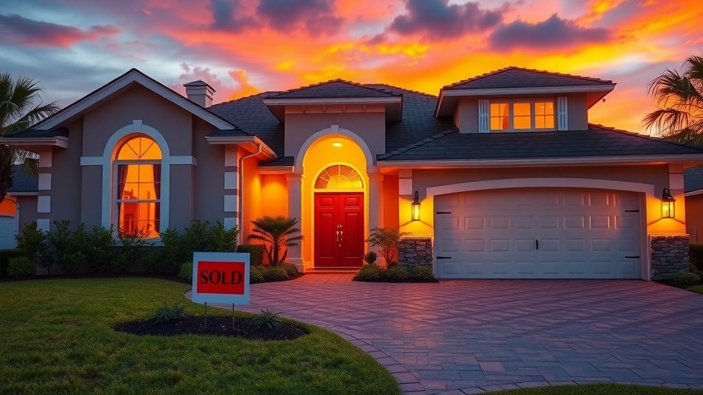modern Orlando home exterior at sunset, real estate