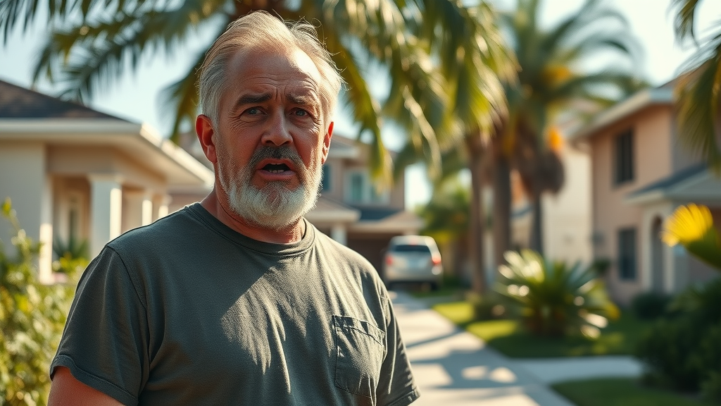 Distressed Orlando homeowner anxious about visible home repairs, standing in front of a house needing repairs in a sun-dappled Orlando neighborhood with palm trees