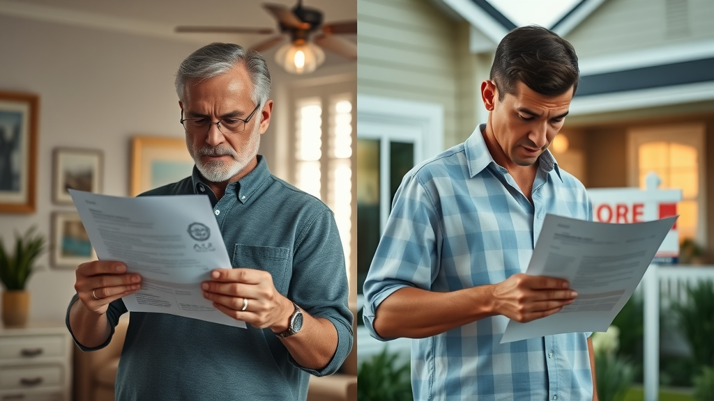 Contrasting scene: homeowner relieved with cash offer paperwork vs. exhausted setting up a traditional Orlando open house—Sell Your House Fast