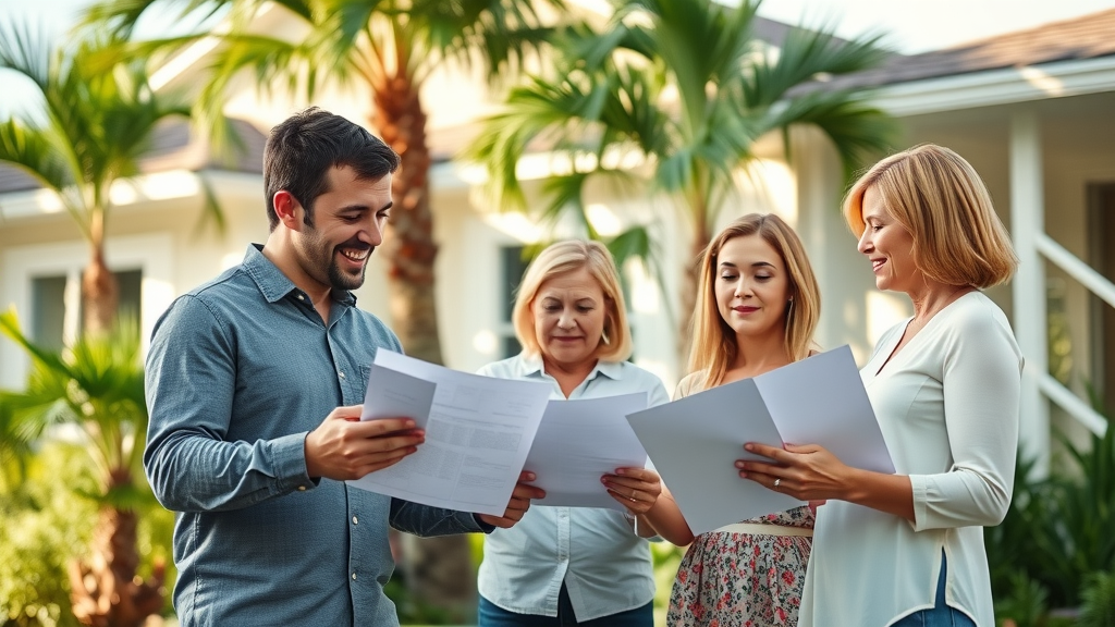 Bright suburban Orlando house, inviting family discussing inherited house market value Orlando, lush neighborhood, palm trees