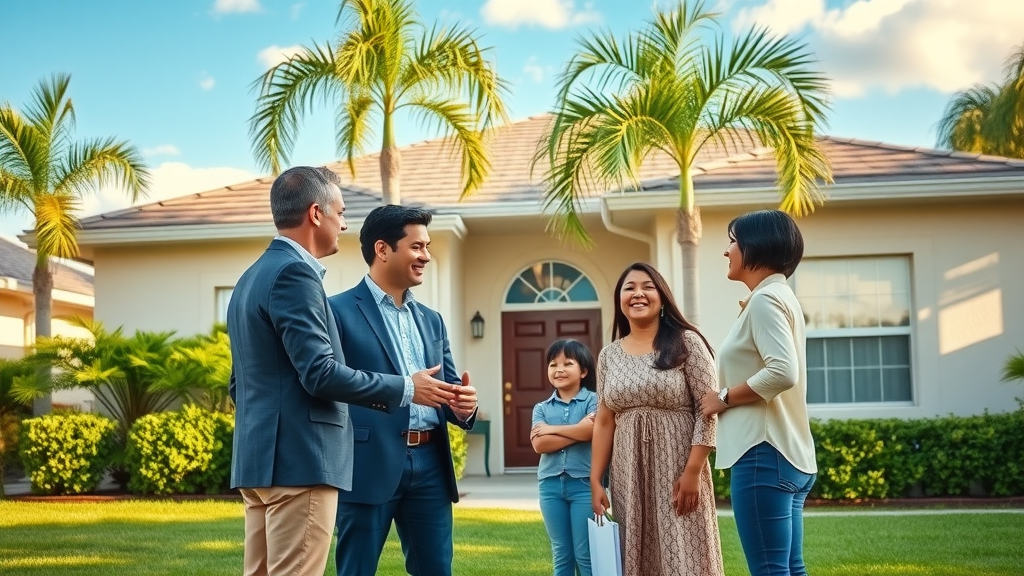 sell inherited house orlando: Sunlit suburban Orlando home exterior, cheerful, recently inherited, lush Floridian landscape, real estate agent meeting happy family