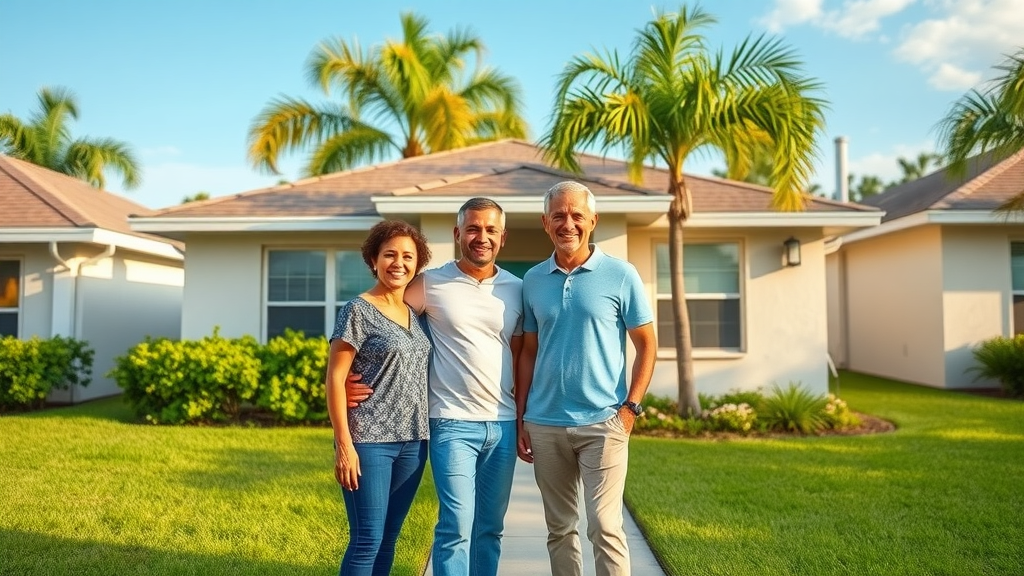 vibrant suburban Orlando neighborhood with cheerful homeowners outside a single-family house, lush green lawns and palm trees, illustrating sell my house as is Orlando