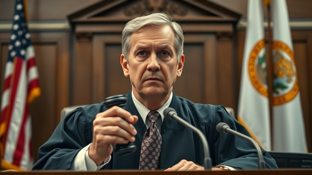 A serious Florida judge presiding over a foreclosure case in a detailed courthouse, representing foreclosure law in Orlando FL.