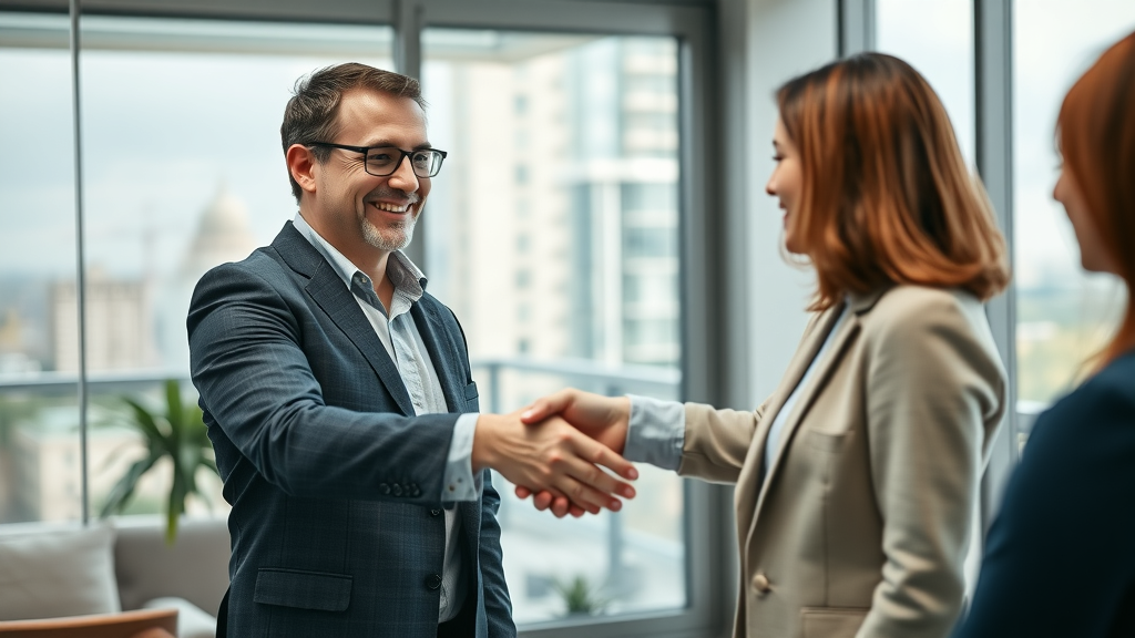 Professional real estate agent shaking hands with clients after a successful meeting; optimal estate scheduling for a successful real estate sale.