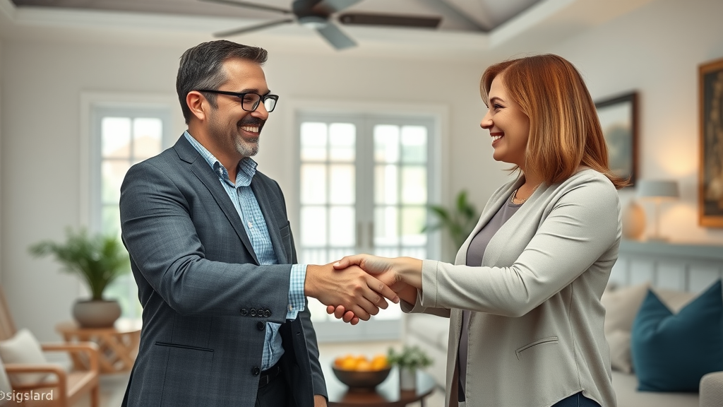 professional real estate agent shaking hands with orlando homeowner, closing orlando quick home sale deal in cozy living room