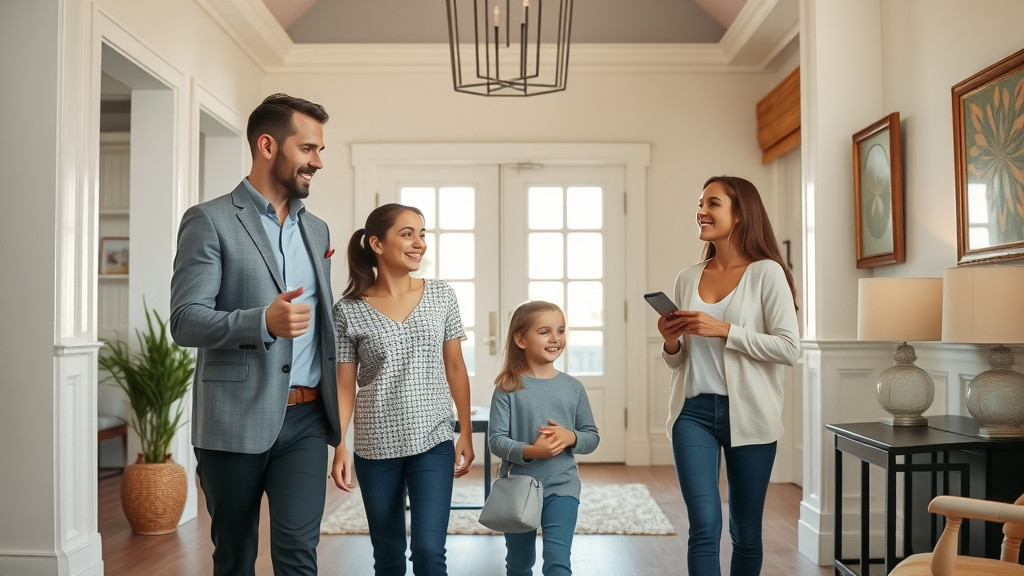 Confident estate agent guiding family through home showing - property selling support
